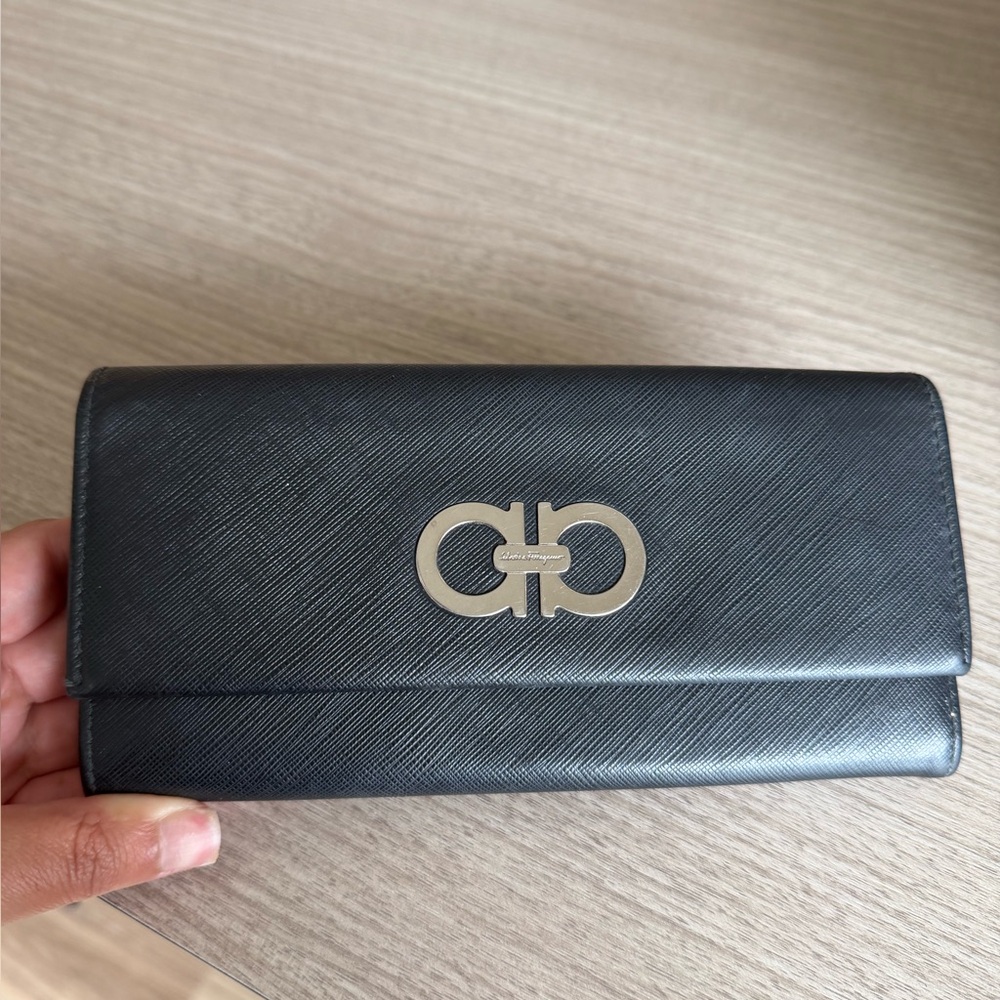 Salvatore Ferragamo large Black leather Wallet with Silver hardware